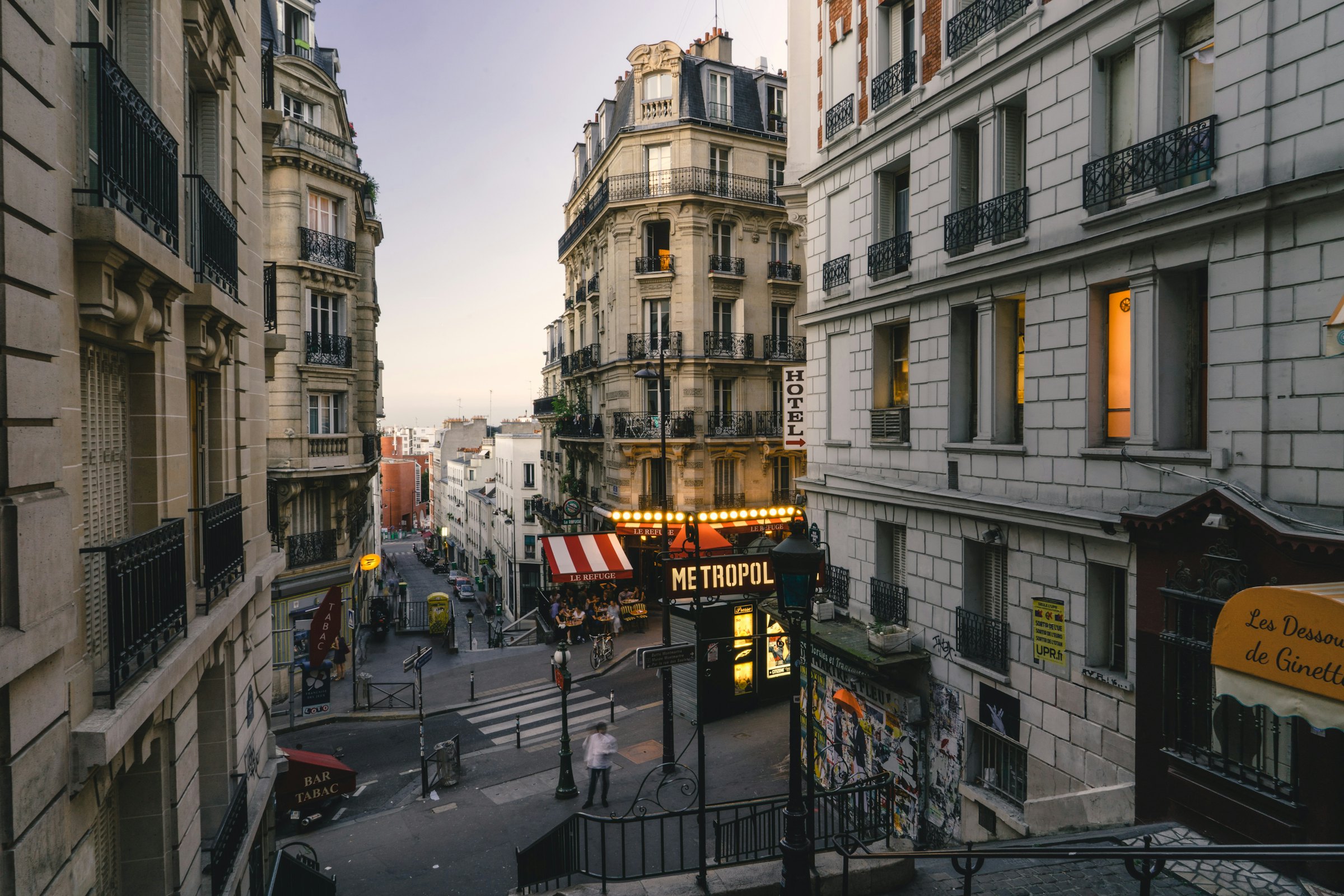 Historic street façades at golden hour